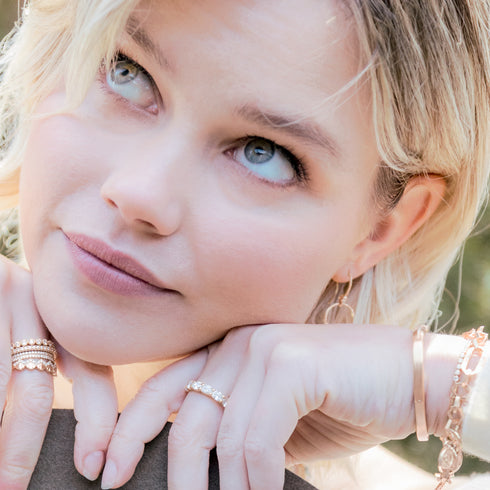 in white diamonds, above a two-stack of her little sis<br>shop the look > hello, sunshine,<br>a yellow gold collection also beautiful in rose gold <span class='visuallyhidden'>Call or text 323-404-2959 if you need shopping assistance.</span>
